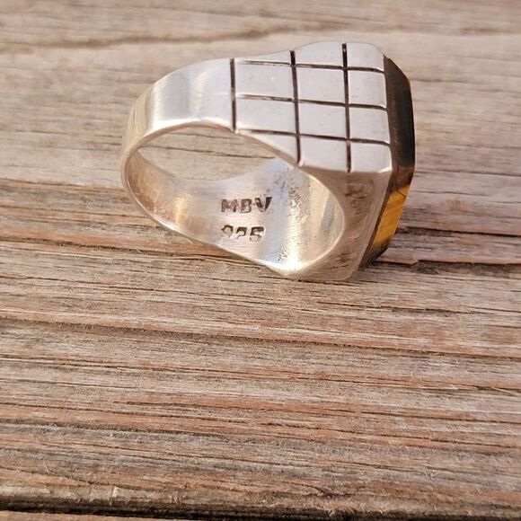 Vintage Sterling Beveled Tiger's Eye Rectangle Ring - Picture 5 of 10